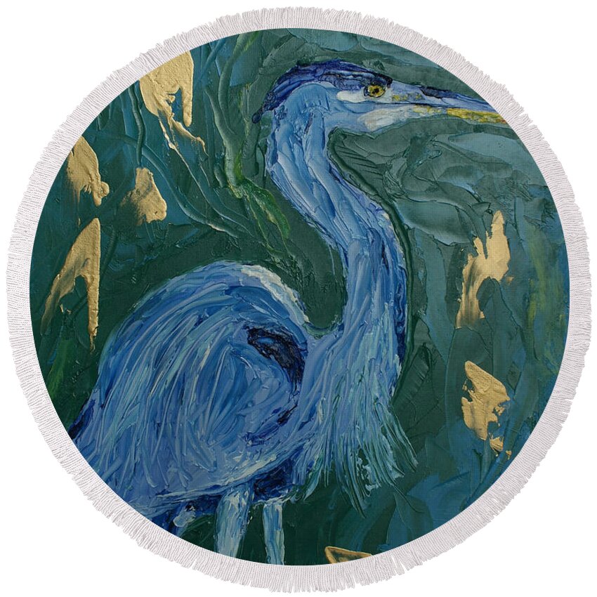 Blue Heron Round Beach Towel featuring the painting Blue Heron by Christopher O'Kelley