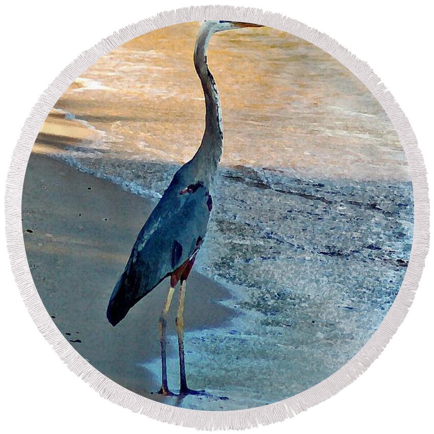  Round Beach Towel featuring the painting Blue Heron on the Beach Close up by Michael Thomas
