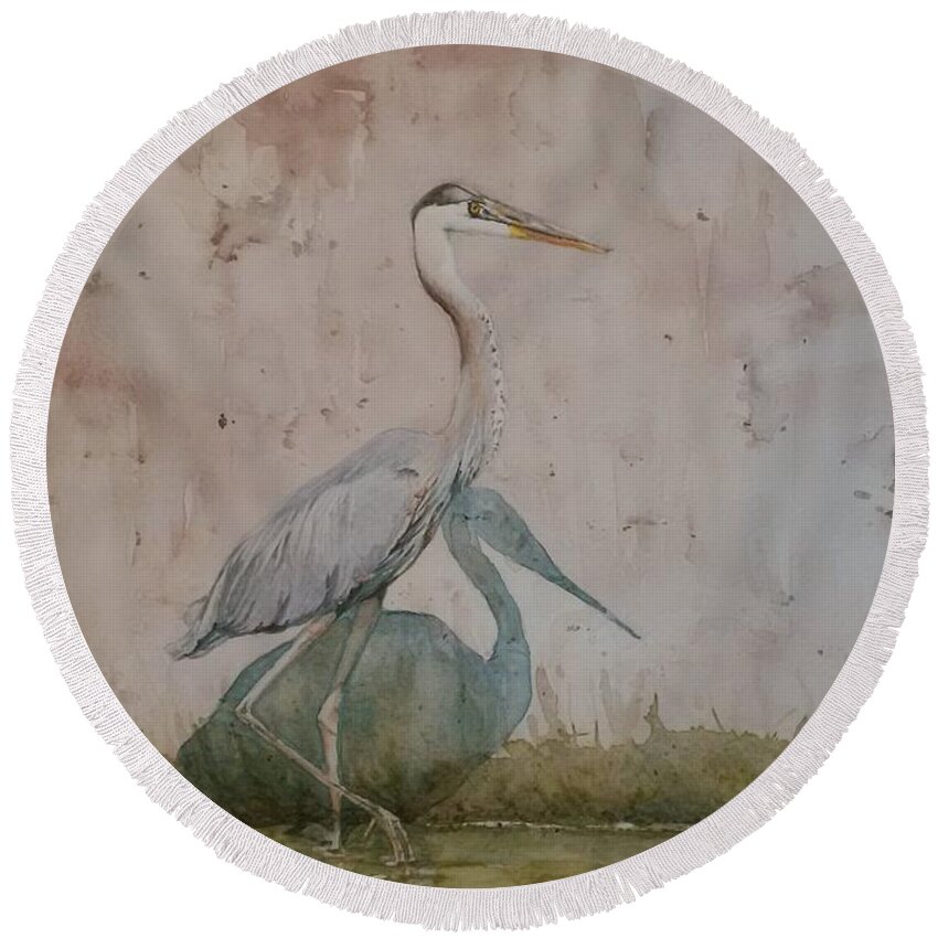 Blue Heron Round Beach Towel featuring the painting Blue Heron by Sheila Romard