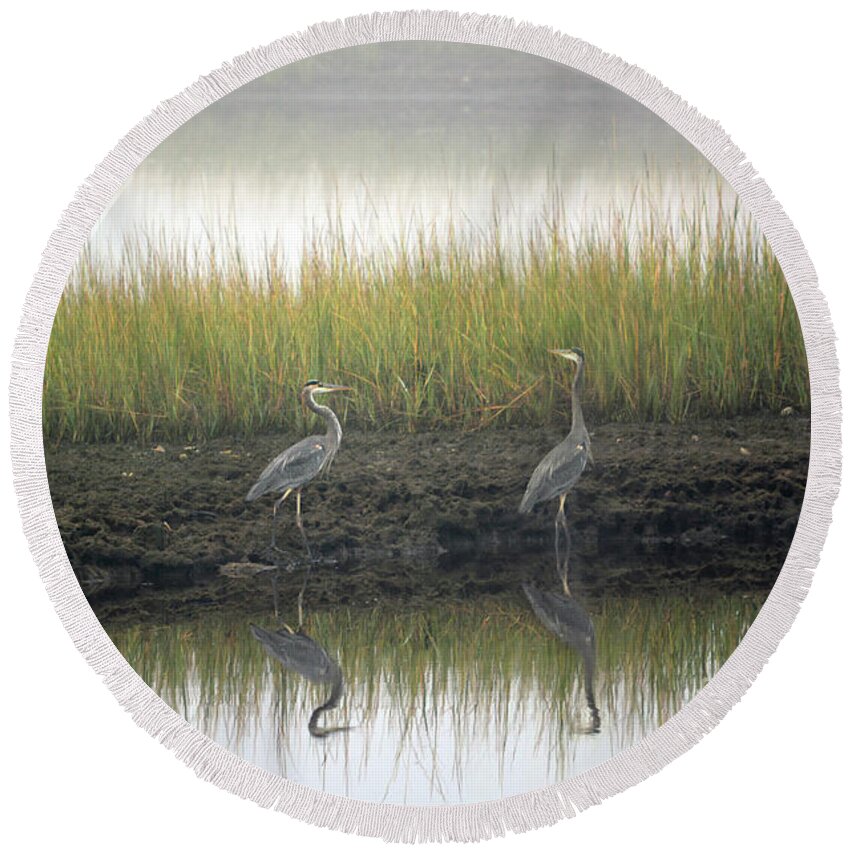 Marsh Round Beach Towel featuring the photograph Blue herons on foggy marsh by Dianne Morgado