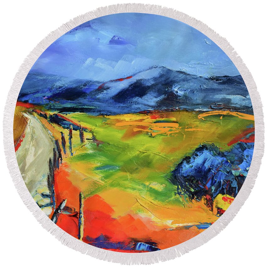 Blue Hills Round Beach Towel featuring the painting Blue Hills by Elise Palmigiani by Elise Palmigiani
