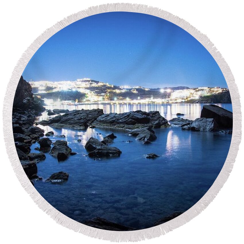  Round Beach Towel featuring the photograph Blue Hour Mykonos by Colin Collins