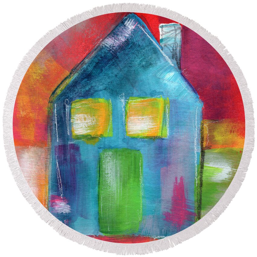 House Round Beach Towel featuring the painting Blue House- Art by Linda Woods by Linda Woods