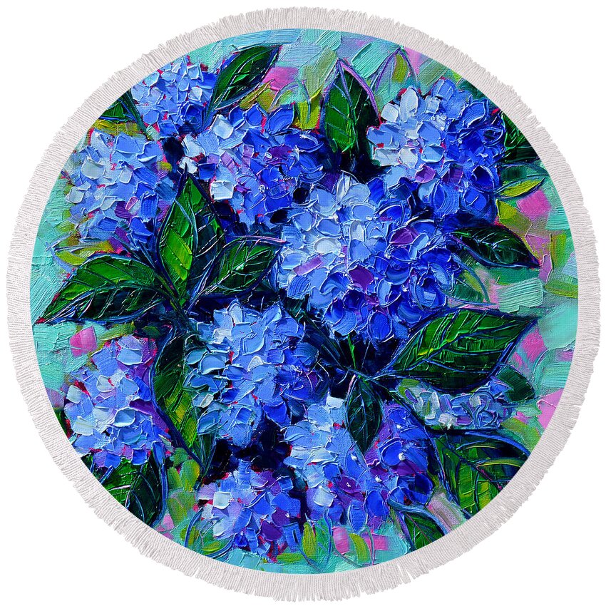 Blue Hydrangeas Round Beach Towel featuring the painting Blue Hydrangeas - Abstract Floral Composition by Mona Edulesco