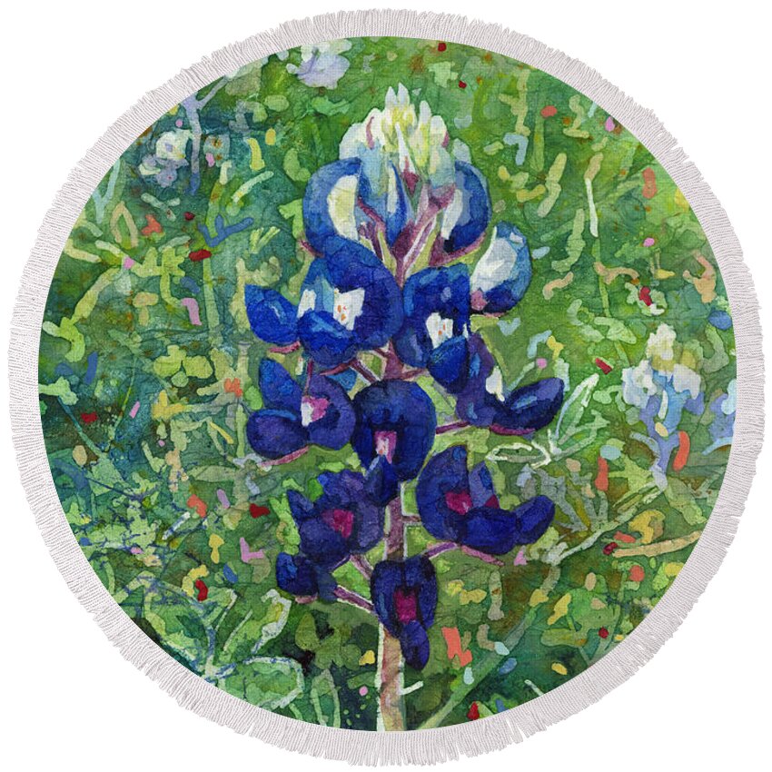 Bluebonnet Round Beach Towel featuring the painting Blue in Bloom 2 by Hailey E Herrera
