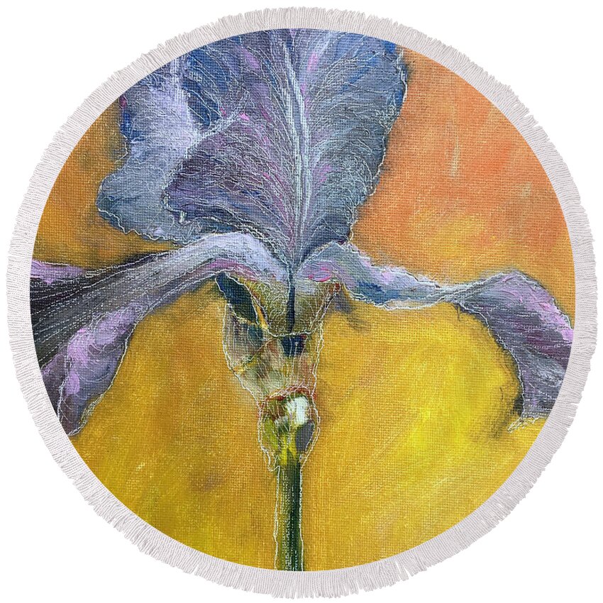 Iris Round Beach Towel featuring the painting Blue Iris by AnneMarie Welsh