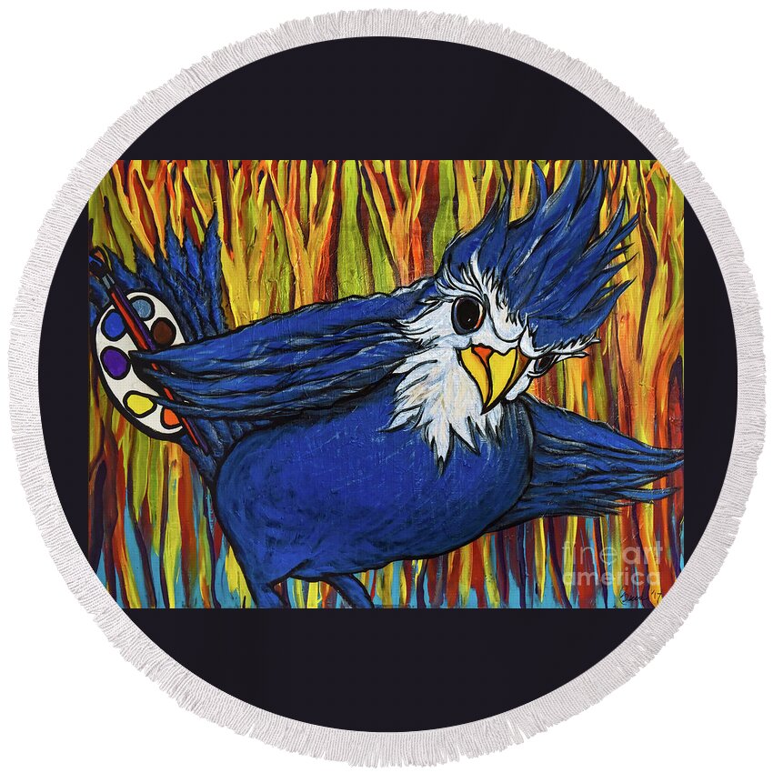 Blue Jay Round Beach Towel featuring the painting Blue Jay Artist by Rebecca Weeks