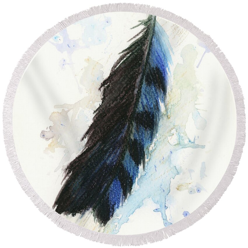 Watercolor Round Beach Towel featuring the painting Blue Jay Feather Splash by Brandy Woods