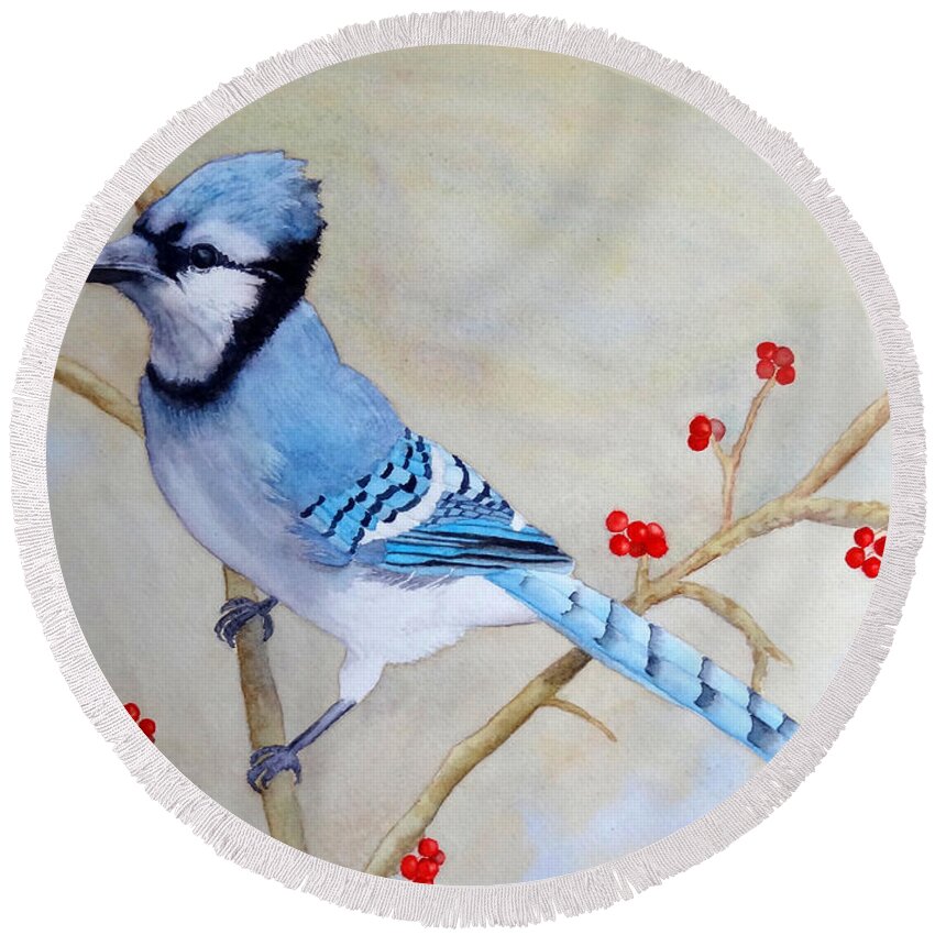 Blue Jay Round Beach Towel featuring the painting Blue Jay by Laurel Best