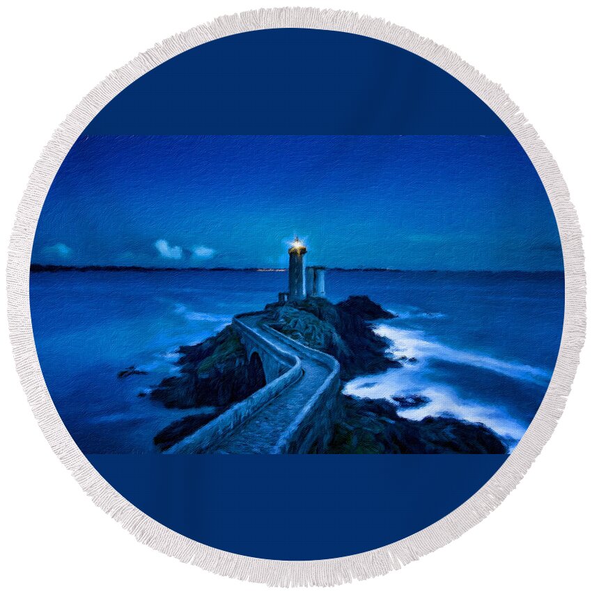 Lighthouse Round Beach Towel featuring the painting Blue lighthouse by Vincent Monozlay