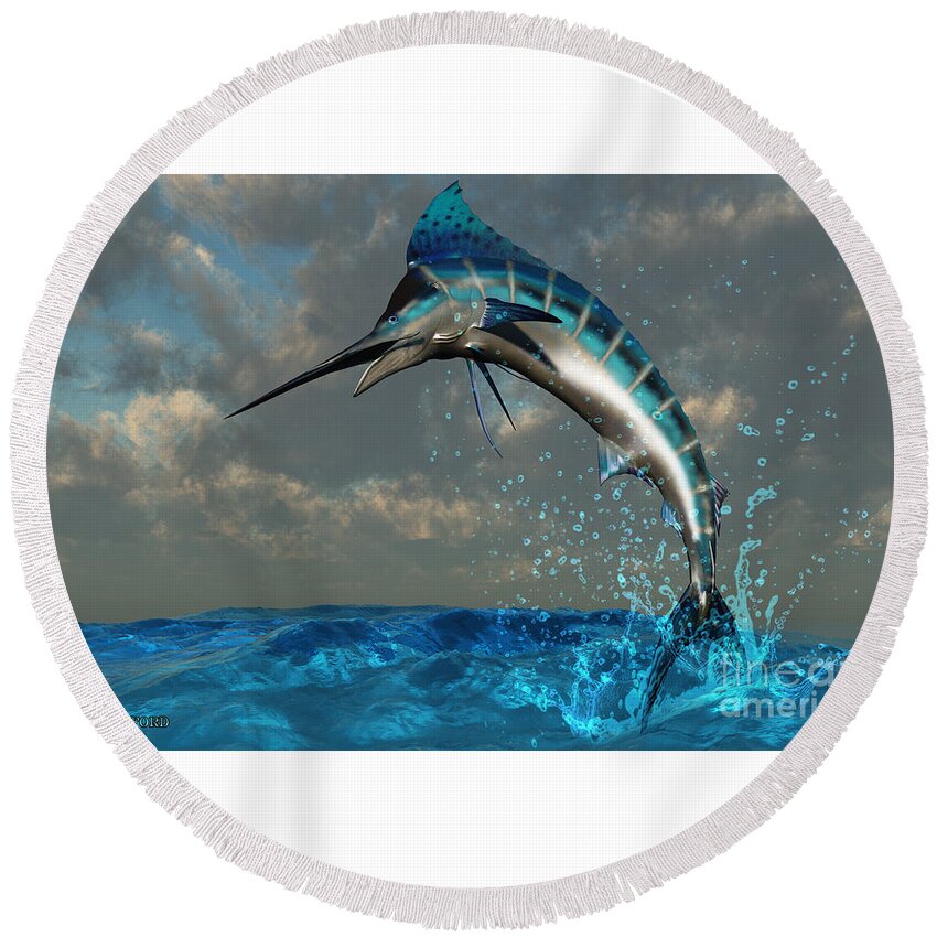 Marlin Round Beach Towel featuring the painting Blue Marlin Splash by Corey Ford