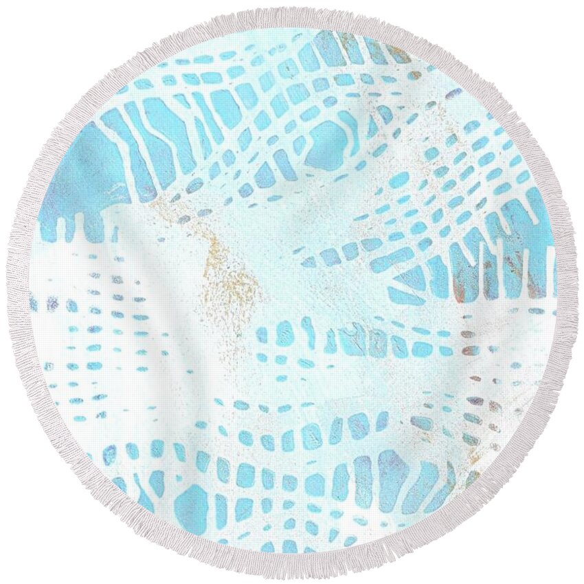 Monoprint Round Beach Towel featuring the painting Blue Monoprint 3 by Cynthia Westbrook