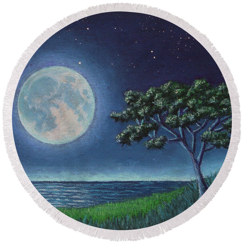 Blue Round Beach Towel featuring the pastel Blue Moon 01 by Michael Heikkinen
