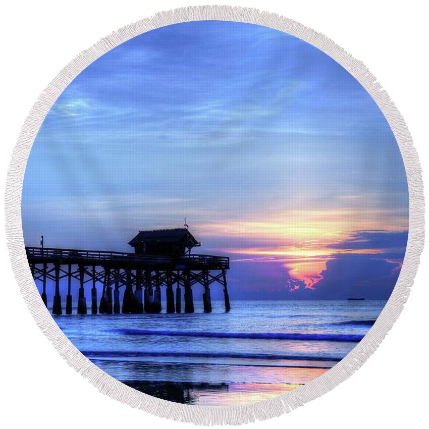 Blue Morning Over Cocoa Beach Pier Round Beach Towel featuring the photograph Blue Morning Over Cocoa Beach Pier by Carol Montoya