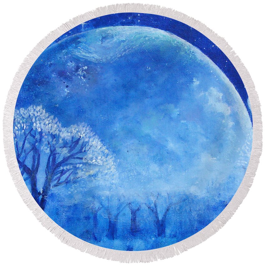 Blue Round Beach Towel featuring the painting Blue Night Moon by Ashleigh Dyan Bayer