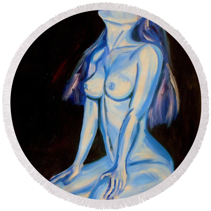 Blue Round Beach Towel featuring the painting Blue nude by Angie Wright