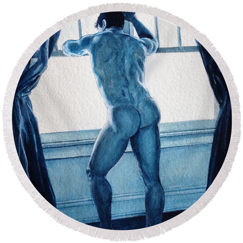 Male Nude Round Beach Towel featuring the painting Blue Nude by Marc DeBauch