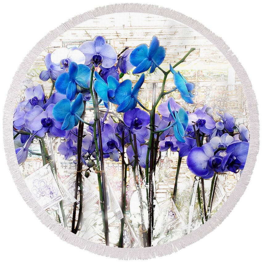 Blue Orchids Round Beach Towel featuring the mixed media Blue Orchids 3 by Kume Bryant