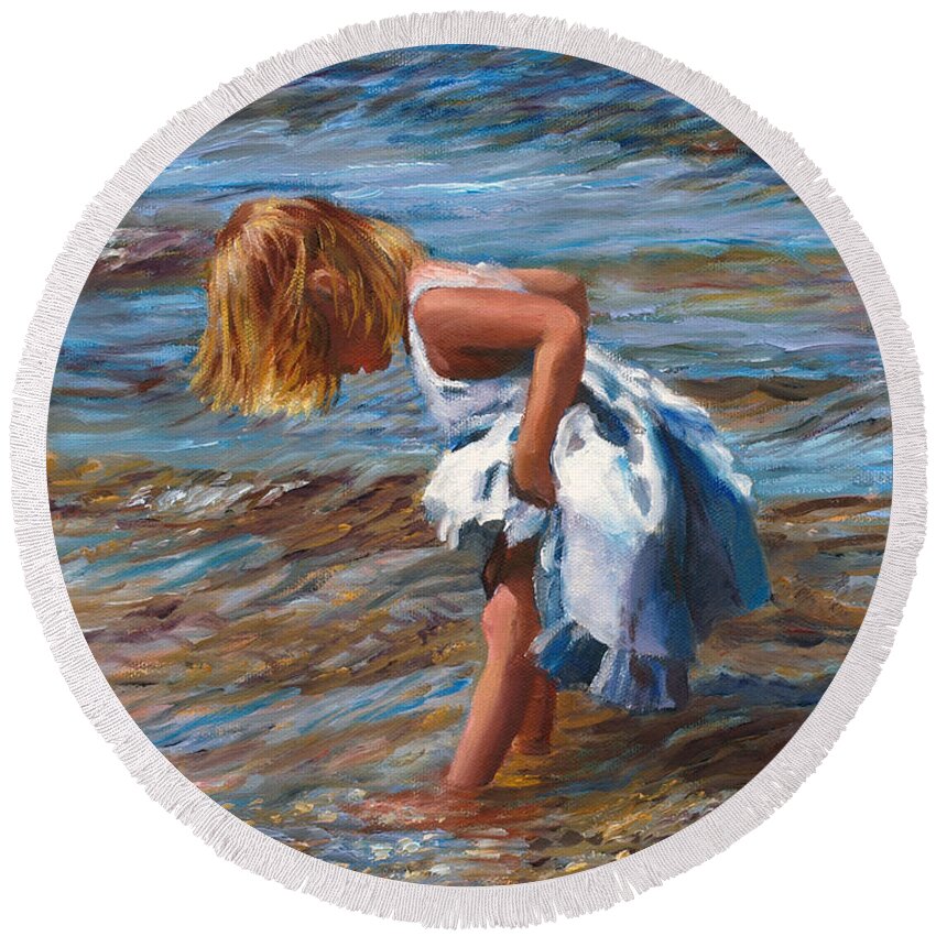 Children Round Beach Towel featuring the painting Blue Pinafore by Marie Witte