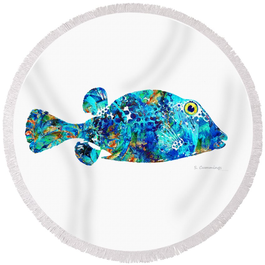 Fish Round Beach Towel featuring the painting Blue Puffer Fish Art by Sharon Cummings by Sharon Cummings