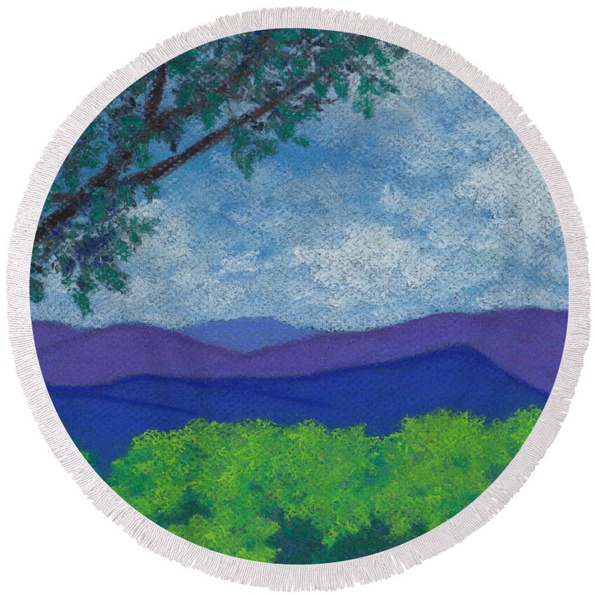 Mountains Round Beach Towel featuring the pastel Blue Ridges 4 by Anne Katzeff