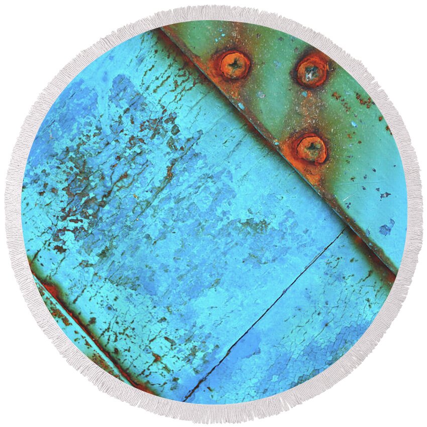 Blue Round Beach Towel featuring the photograph Blue rusty boat detail by Lyn Randle