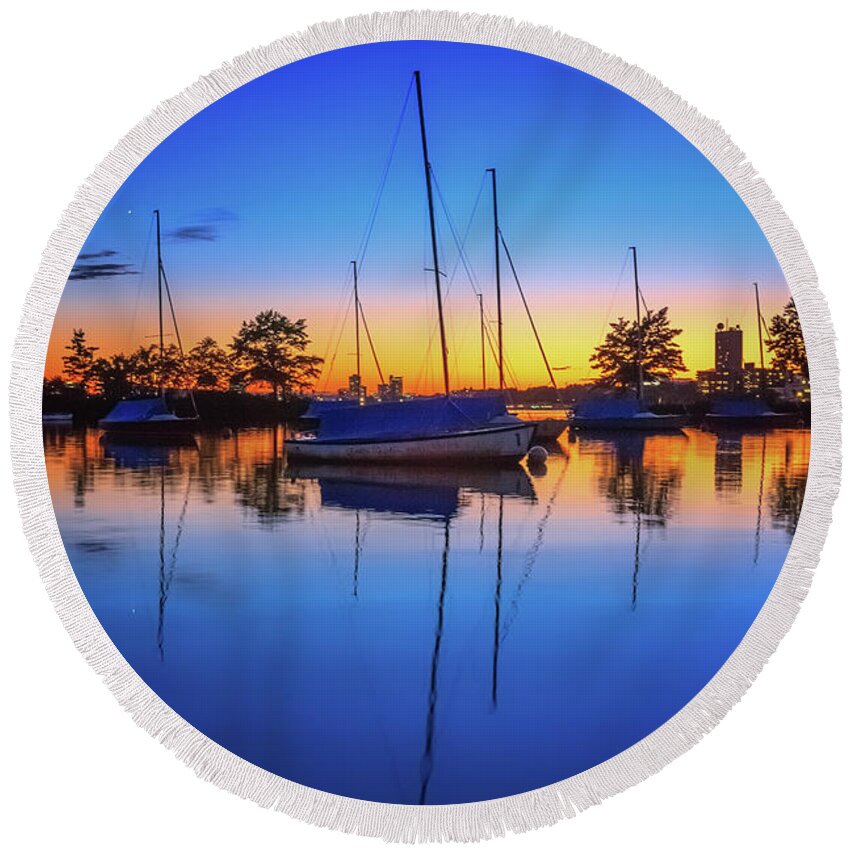 Boston Round Beach Towel featuring the photograph Blue Sails in the Sunset by Sylvia J Zarco