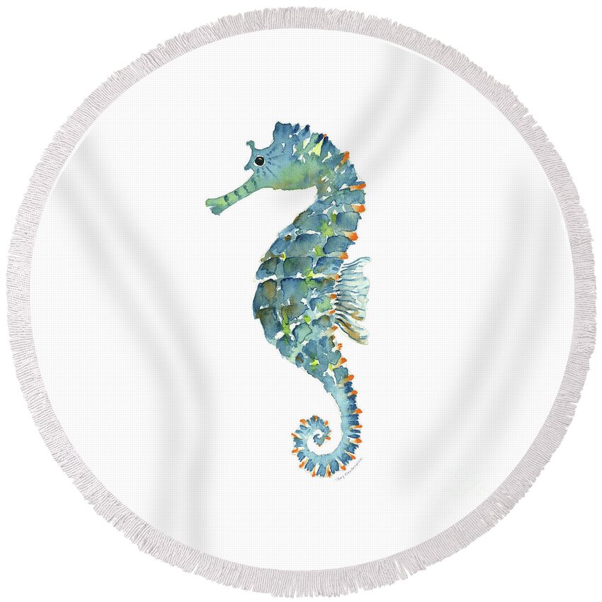Beach House Round Beach Towel featuring the painting Blue Seahorse by Amy Kirkpatrick