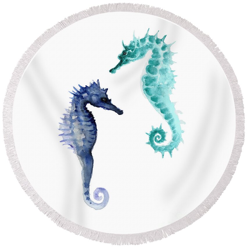 Seahorses Round Beach Towel featuring the painting Blue seahorses watercolor painting by Joanna Szmerdt