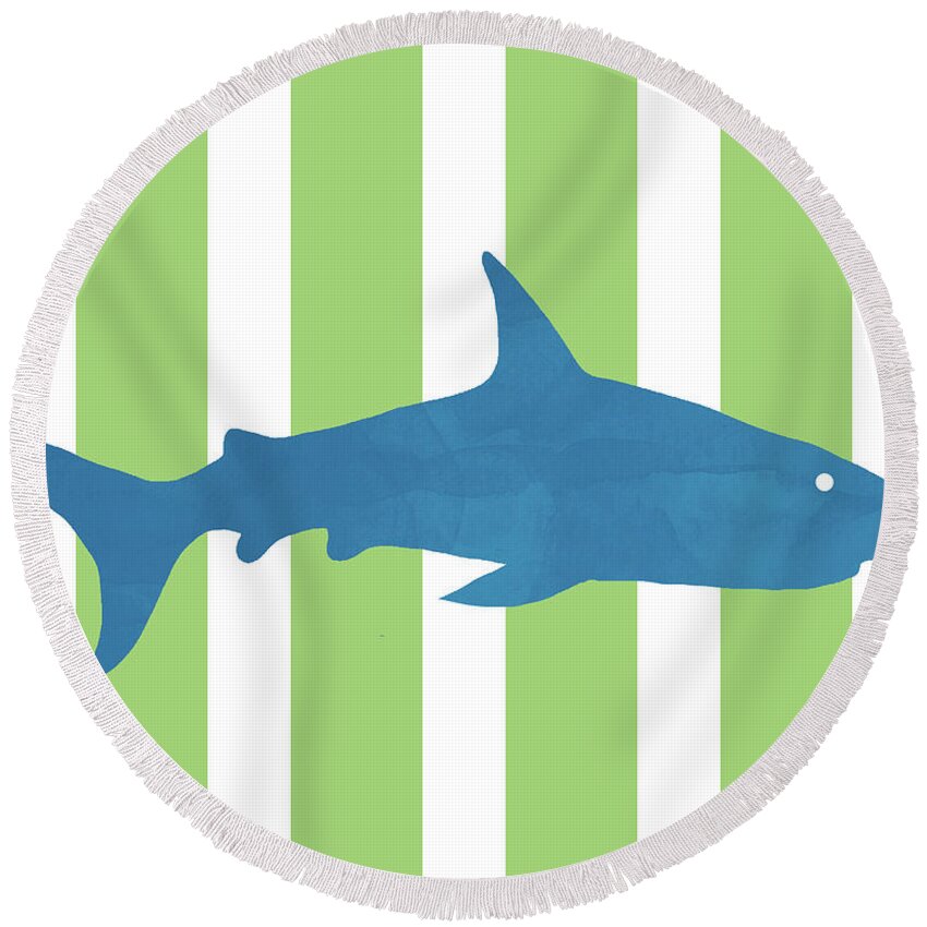 Shark Round Beach Towel featuring the mixed media Blue Shark 2- Art by Linda Woods by Linda Woods