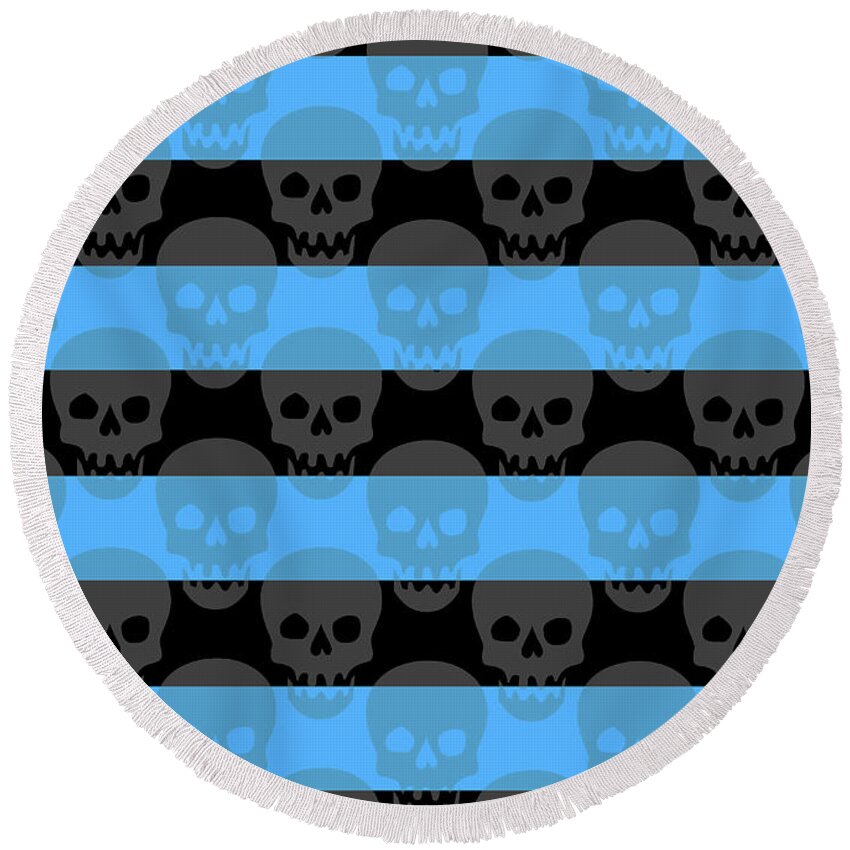 Blue Round Beach Towel featuring the digital art Blue Skull Stripes by Roseanne Jones