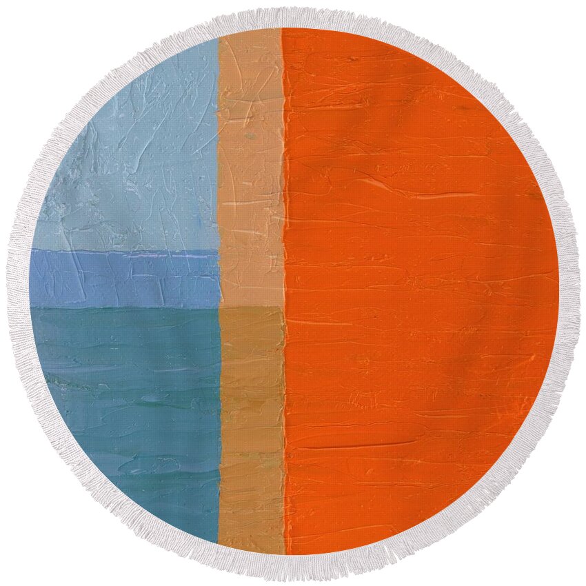 Abstract Round Beach Towel featuring the painting Blue Sky Around the Corner by Michelle Calkins
