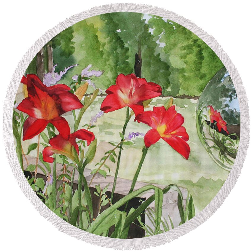 Flowers Round Beach Towel featuring the painting Blue Sky Reflections by Jean Blackmer