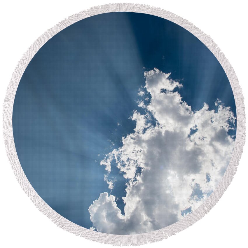 Atmosphere Round Beach Towel featuring the photograph Blue sky with white clouds and sun rays by Michalakis Ppalis