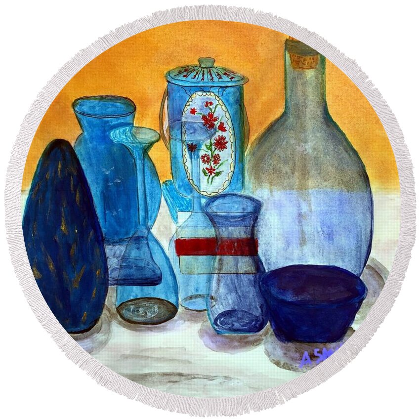 Blue Round Beach Towel featuring the painting Blue still life by Anne Sands