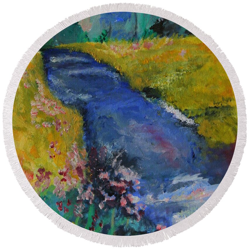 Landscape Round Beach Towel featuring the painting Blue Stream by Julie Lueders 