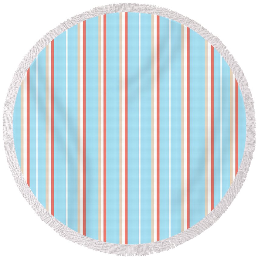 Blue Round Beach Towel featuring the mixed media Blue Stripe Pattern by Christina Rollo