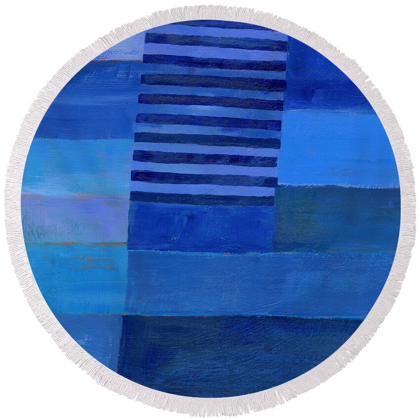 Abstract Art Round Beach Towel featuring the painting Blue Stripes 7 by Jane Davies