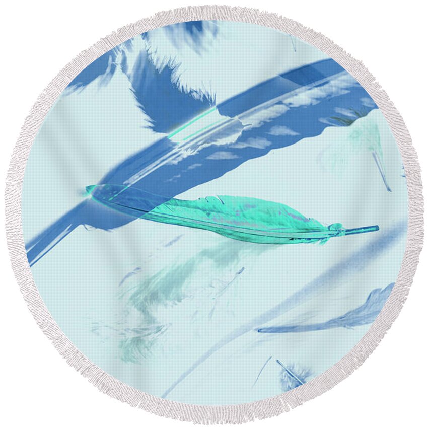 Abstract Round Beach Towel featuring the photograph Blue toned artistic feather abstract by Jorgo Photography