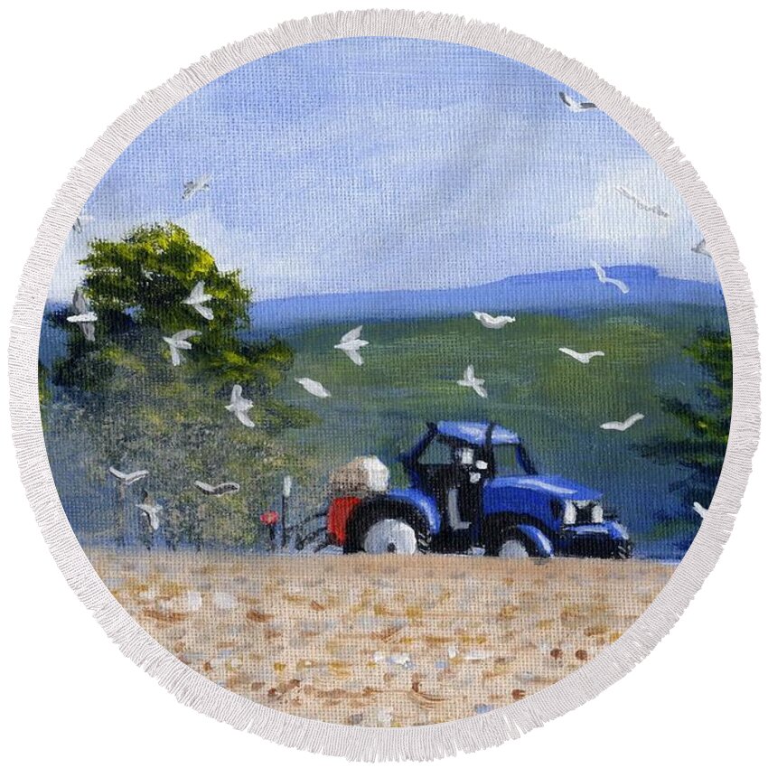 Blue Tractor Round Beach Towel featuring the painting Painting Blue Tractor Ploughing Field Lampeter Ceredigion Wales by Edward McNaught-Davis