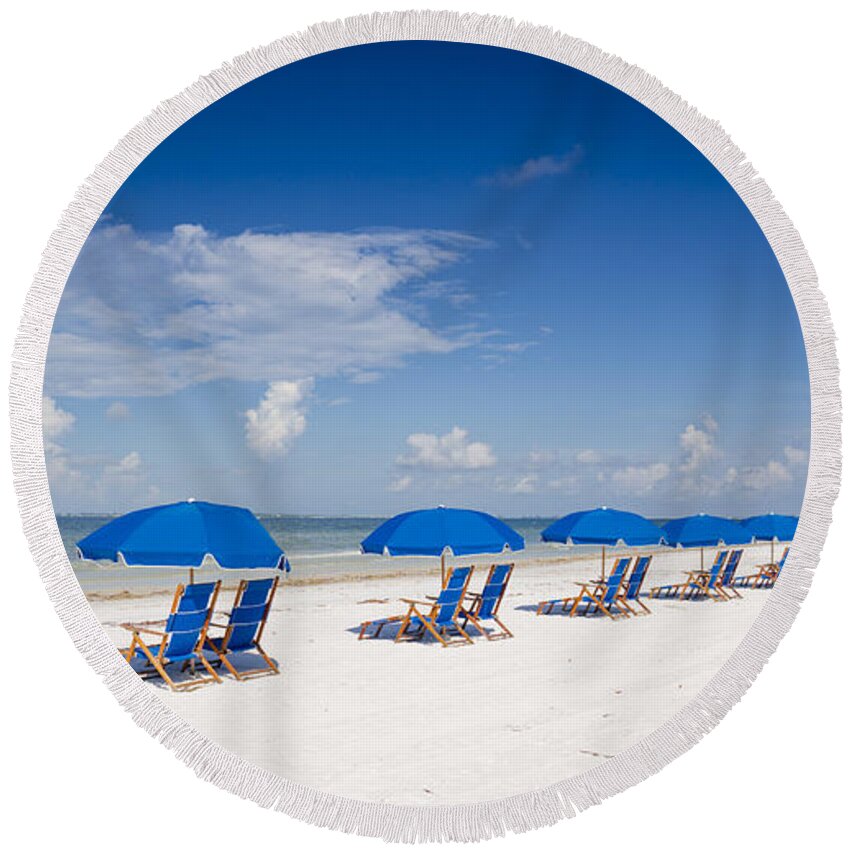 Beach Round Beach Towel featuring the photograph Blue Umbrellas by Sean Allen