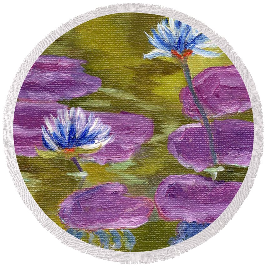 Abstract Round Beach Towel featuring the painting Blue Water Lilies by Marcy Brennan