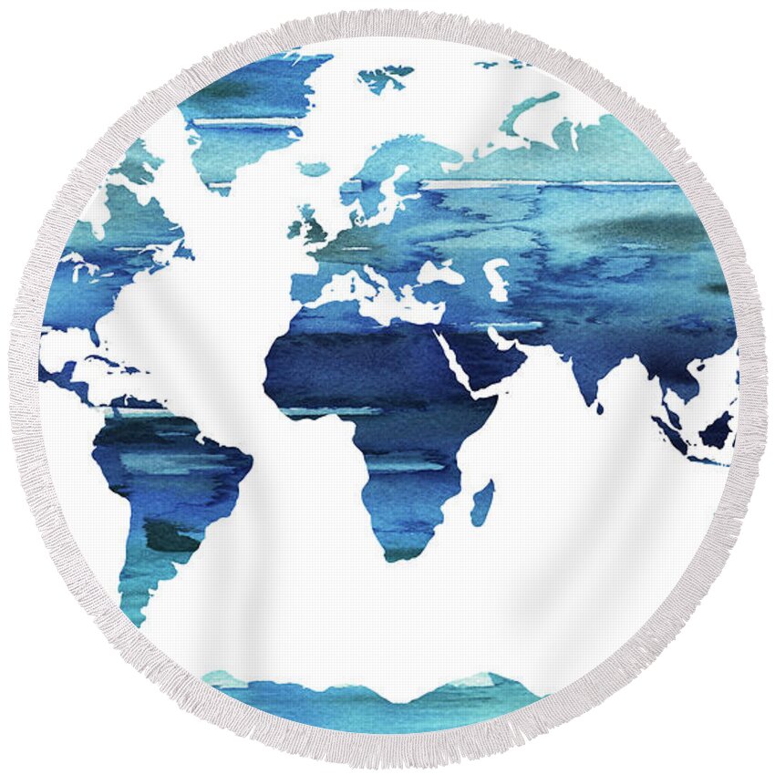 Blue Round Beach Towel featuring the painting Blue Watercolor Earth World Map by Irina Sztukowski