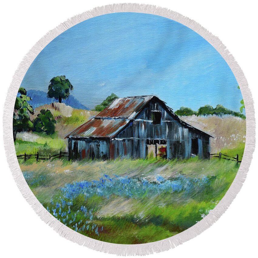 Barn Round Beach Towel featuring the painting Bluebell Barn - Rustic Bar - Bluebellsn by Jan Dappen