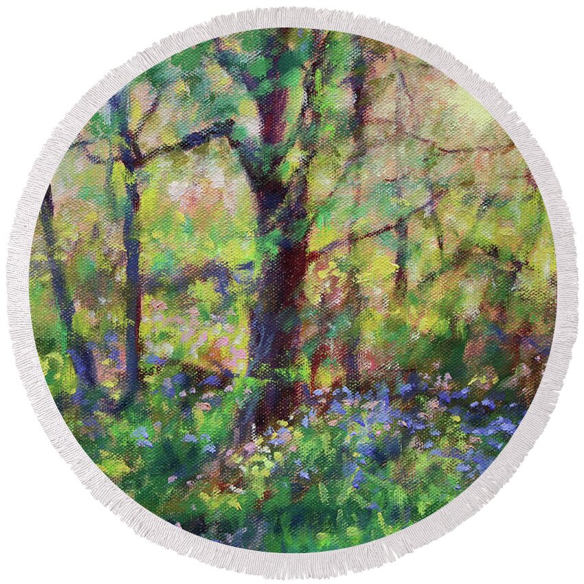 Bonnie Mason Round Beach Towel featuring the painting Bluebells at Sunset-Along the Roanoke River by Bonnie Mason