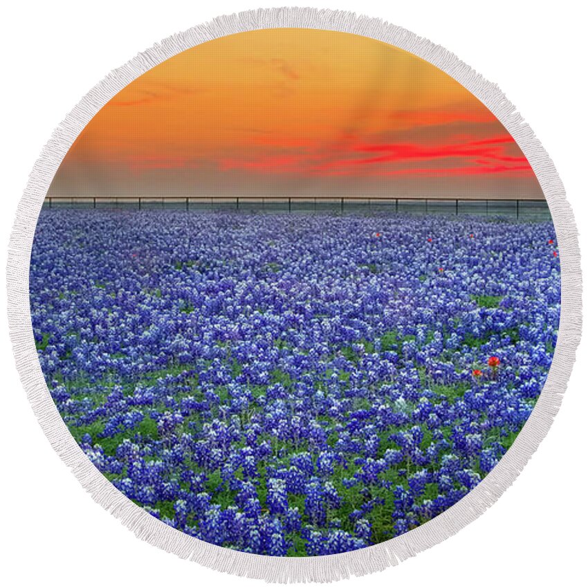 Texas Bluebonnets Round Beach Towel featuring the photograph Bluebonnet Sunset Vista - Texas landscape by Jon Holiday