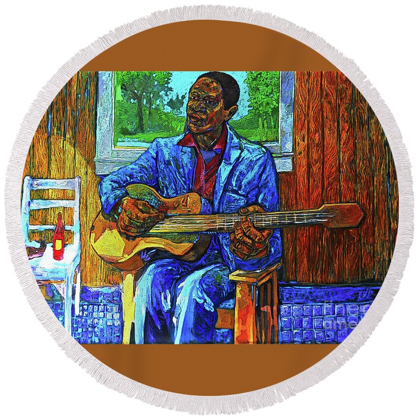 Blues Round Beach Towel featuring the painting Bluesman, fish and hot sause by Joe Roache