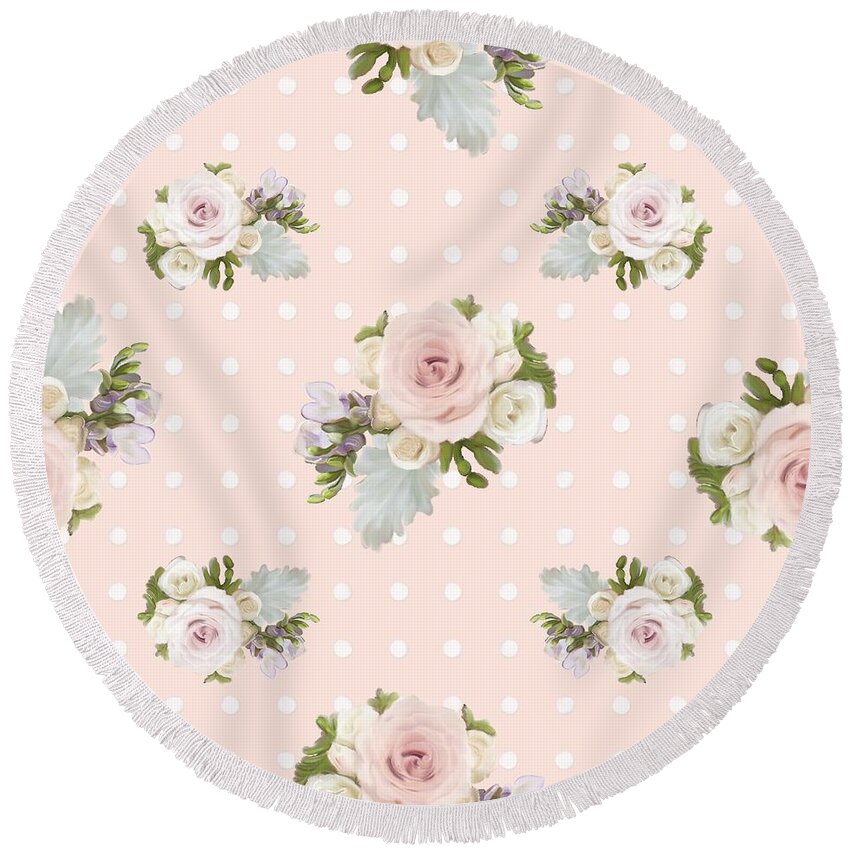 Blush Pink Round Beach Towel featuring the painting Blush Pink Floral Rose Cluster w Dot Bedding Home Decor Art by Audrey Jeanne Roberts