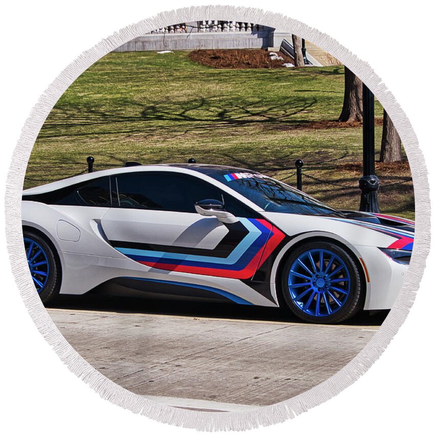 Bmw I8 Round Beach Towel featuring the photograph BMW i8 by Steven Ralser