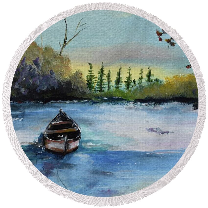 Boat Round Beach Towel featuring the painting Boat Abandoned on the Lake by Jan Dappen